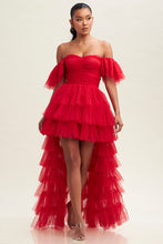 Red Off S Shirred Ruffle Maxi Dress