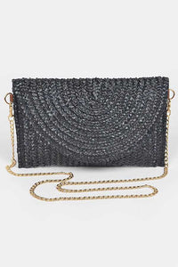 Black Straw Envelope Convertible Clutch Bag