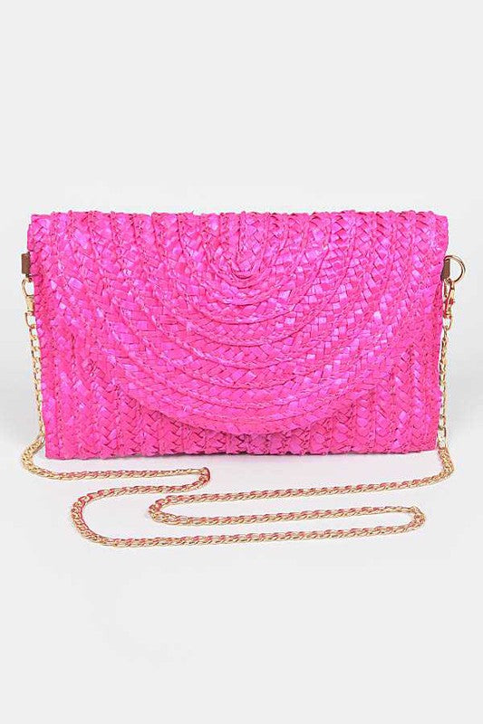 Fuchsia Straw Envelope Convertible Clutch Bag