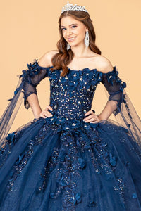 Navy Cape Sleeve Off Shoulder Mesh Quinceanera Gown