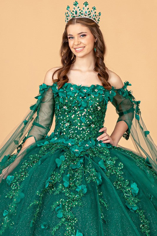Green Cape Sleeve Off Shoulder Mesh Quinceanera Gown Aquarius Brand Green Cape Sleeve Off Shoulder Mesh Quinceanera Gown Aquarius Brand