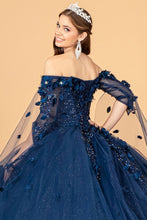 Navy Cape Sleeve Off Shoulder Mesh Quinceanera Gown