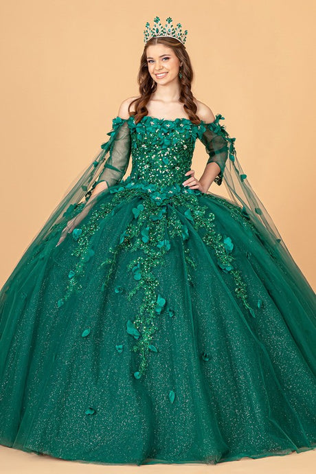 Green Cape Sleeve Off Shoulder Mesh Quinceanera Gown