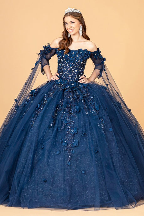Navy Cape Sleeve Off Shoulder Mesh Quinceanera Gown