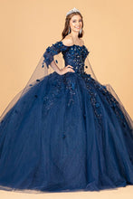 Navy Cape Sleeve Off Shoulder Mesh Quinceanera Gown
