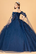 Navy Cape Sleeve Off Shoulder Mesh Quinceanera Gown