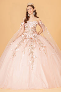 Rose Gold Cape Sleeve Off Shoulder Mesh Quinceanera Gown