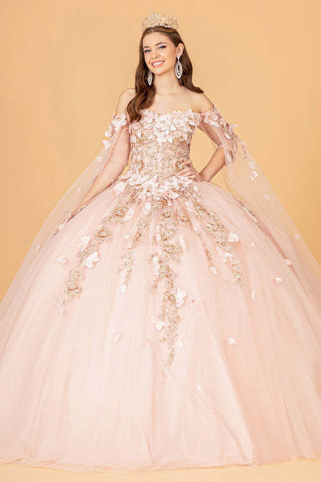 Rose Gold Cape Sleeve Off Shoulder Mesh Quinceanera Gown