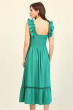 Emerald Smocked Bodice and Ladder Lace Trim Midi Dress