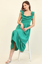 Emerald Smocked Bodice and Ladder Lace Trim Midi Dress