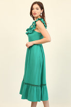 Emerald Smocked Bodice and Ladder Lace Trim Midi Dress