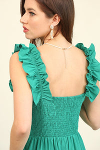 Emerald Smocked Bodice and Ladder Lace Trim Midi Dress
