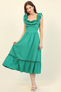 Emerald Smocked Bodice and Ladder Lace Trim Midi Dress