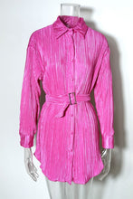 Magenta Pink Textured Button Shirt Dress with Buckle Belt