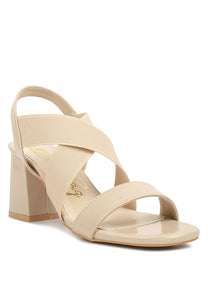 Beige Elastic Straps Block Heel Sandals