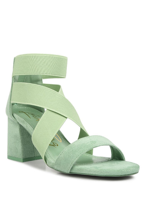 Green Elastic Strappy Block Heel Sandals