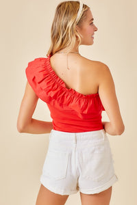 Candy Red One Shoulder Ruffle Detail Bodysuit