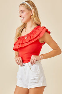 Candy Red One Shoulder Ruffle Detail Bodysuit