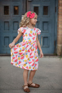 Pink Kids Pineapple Flutter Sleeve Spring Dress
