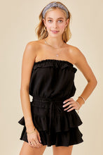 Black Gauze Strapless Ruffle Detail Flounce Romper Dress