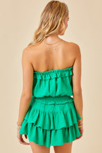 Green Gauze Strapless Ruffle Detail Flounce Romper Dress