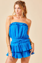 Blue Gauze Strapless Ruffle Detail Flounce Romper Dress