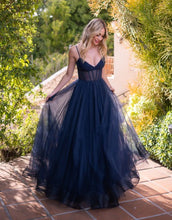Navy V-Line Tulle Long Evening Dress