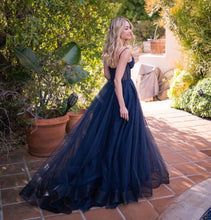 Navy V-Line Tulle Long Evening Dress