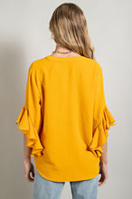 Golden Ruffled Bell Sleeve and Front Pleated Detail Top