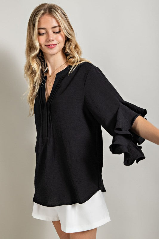 Black Ruffled Bell Sleeve and Front Pleated Detail Top
