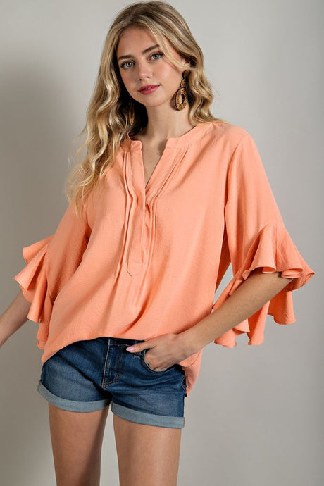 Peach Ruffled Bell Sleeve and Front Pleated Detail Top