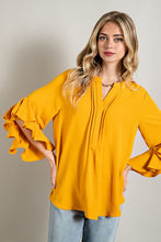 Golden Ruffled Bell Sleeve and Front Pleated Detail Top