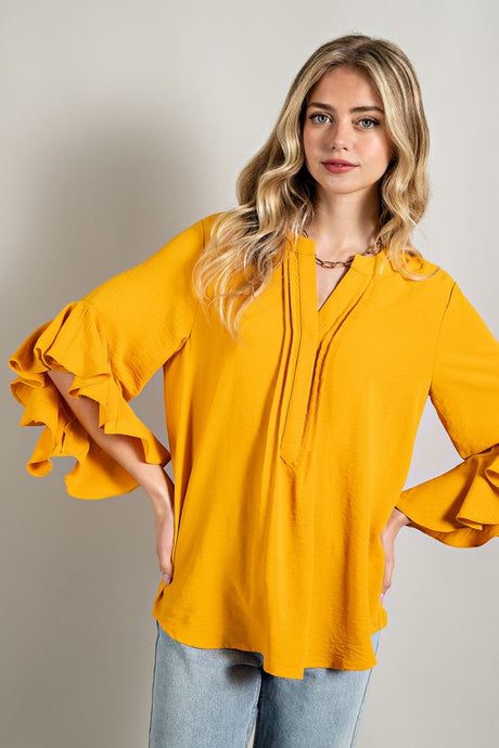 Golden Ruffled Bell Sleeve and Front Pleated Detail Top