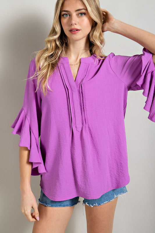 Purple Ruffled Bell Sleeve and Front Pleated Detail Top
