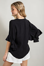 Black Ruffled Bell Sleeve and Front Pleated Detail Top