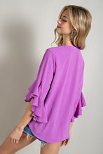 Purple Ruffled Bell Sleeve and Front Pleated Detail Top