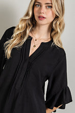 Black Ruffled Bell Sleeve and Front Pleated Detail Top