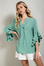 Mint Ruffled Bell Sleeve and Front Pleated Detail Top