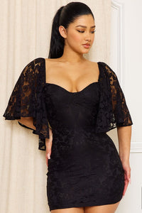 Black Lace Cape Sleeve Mini Dress