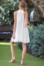Off White Sleeveless Tie Back Neck Strap Ruffle Hem Mini
