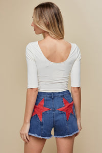 Mid Denim/Red Star Suede Detailed Distressed Denim Shorts