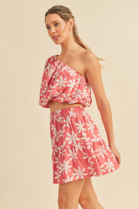 Pink Plumeria Floral One Shoulder Top And Skirt Set