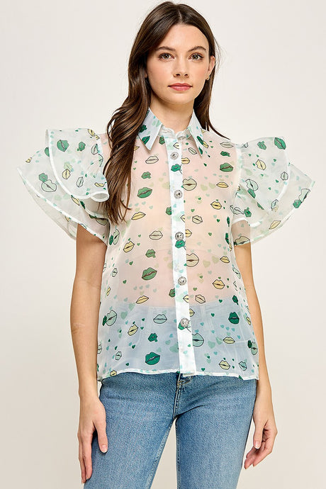 Green Graphic See Through Shirt