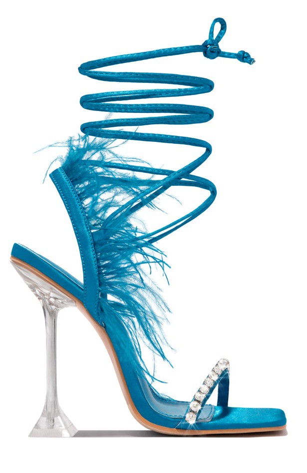 Blue Feather Lace-Up Heeled Sandals Strappy Slingback Open Square Toe Clear Heels For Women