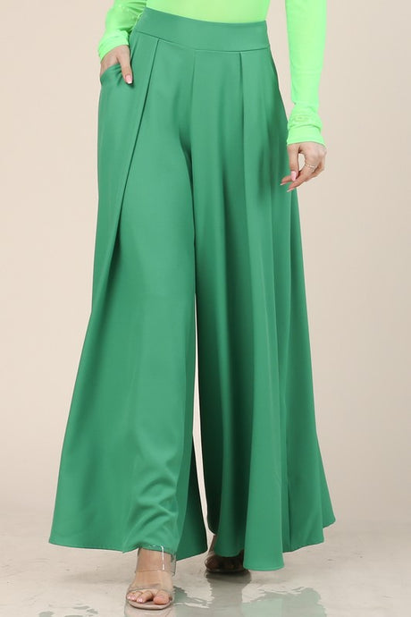 Green Solid Color Women Wide Palazzo Pants