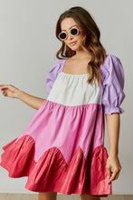 Pink/Lavender Coated Color Block Babydoll Mini Dress