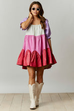 Pink/Lavender Coated Color Block Babydoll Mini Dress