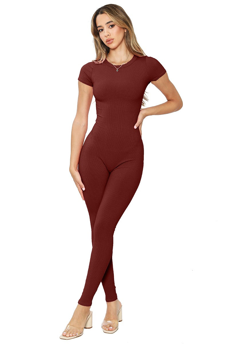 Dk Rust Snatched Round Neck Short Sleeve Jumpsuits