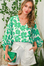 Green Puff Sleeve Floral Print Woven Top
