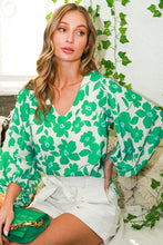 Green Puff Sleeve Floral Print Woven Top